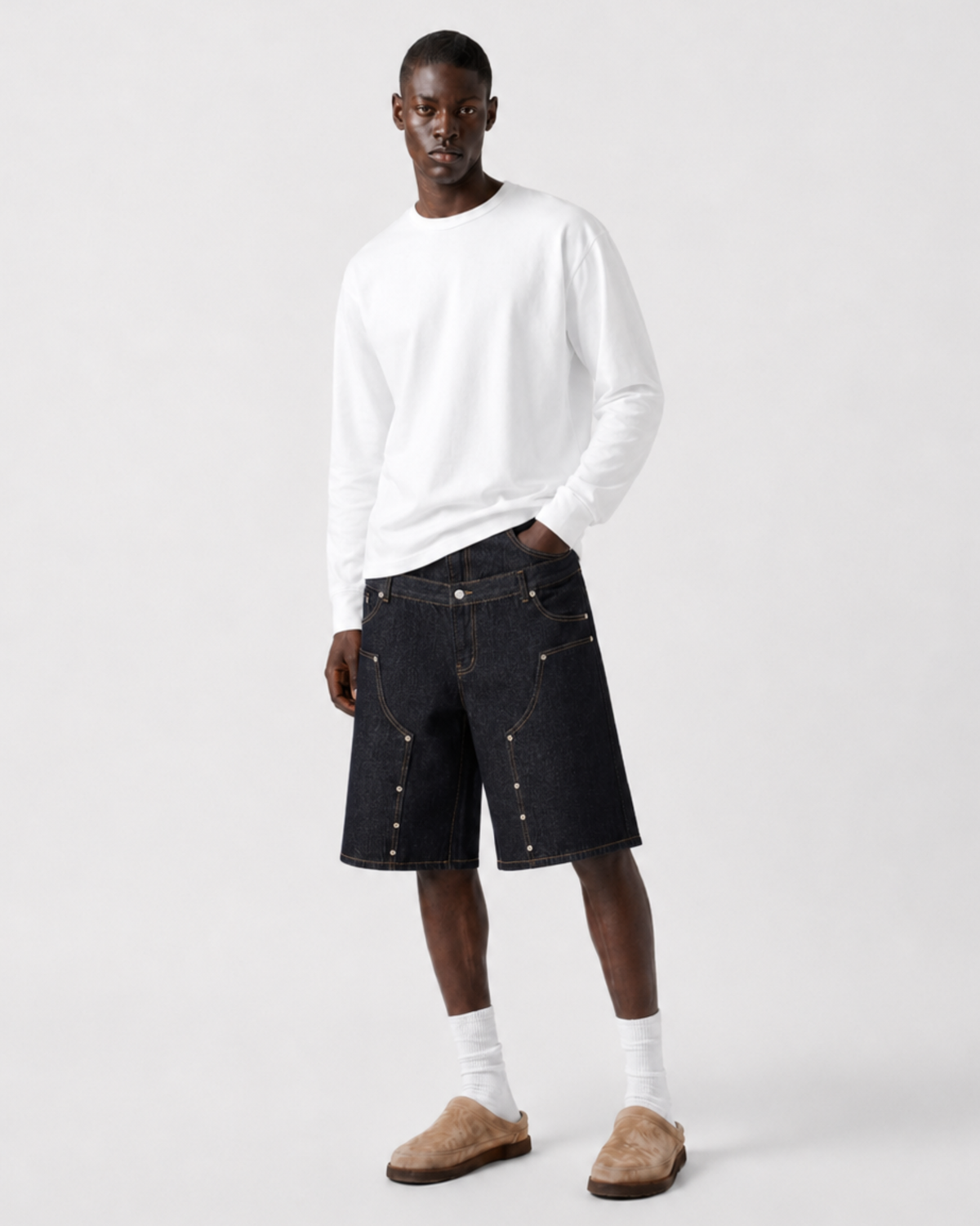MAZARIN Double Waist Rivet Denim Shorts - Dark Blue