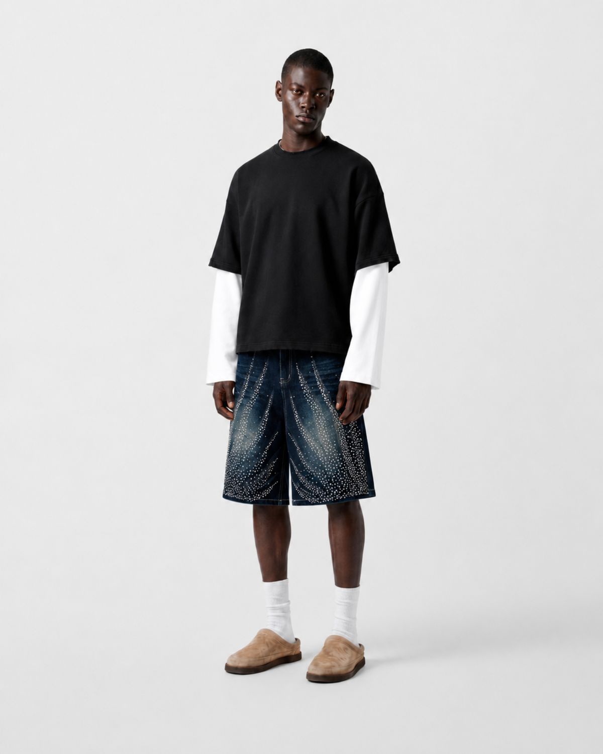 MAZARIN Crystal Wave Denim Shorts - Dark Blue