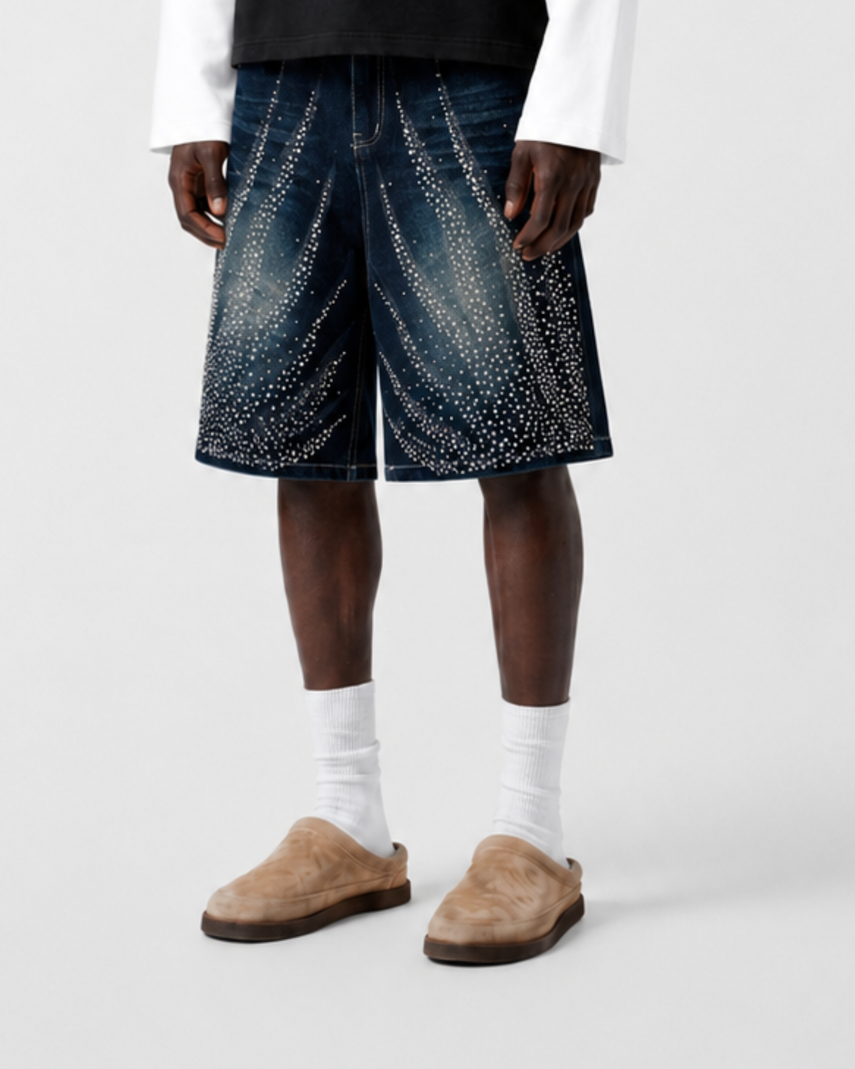 MAZARIN Crystal Wave Denim Shorts - Dark Blue