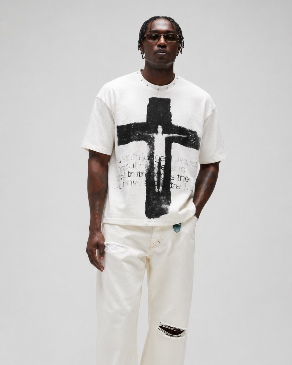 MAZARIN Cross Relic Studded Tee - White