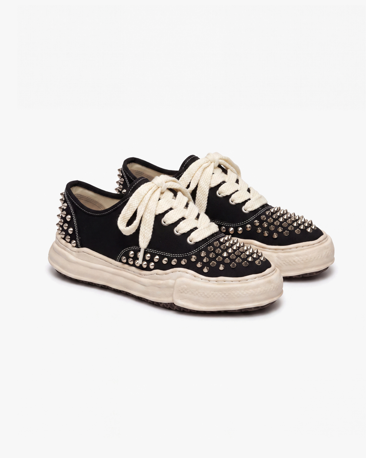 MAZARIN Punk Spike Chunky Sneaker Black - pair with silver studs and cream laces