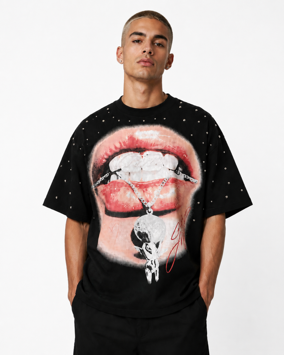MAZARIN Bite Chain Studded Tee