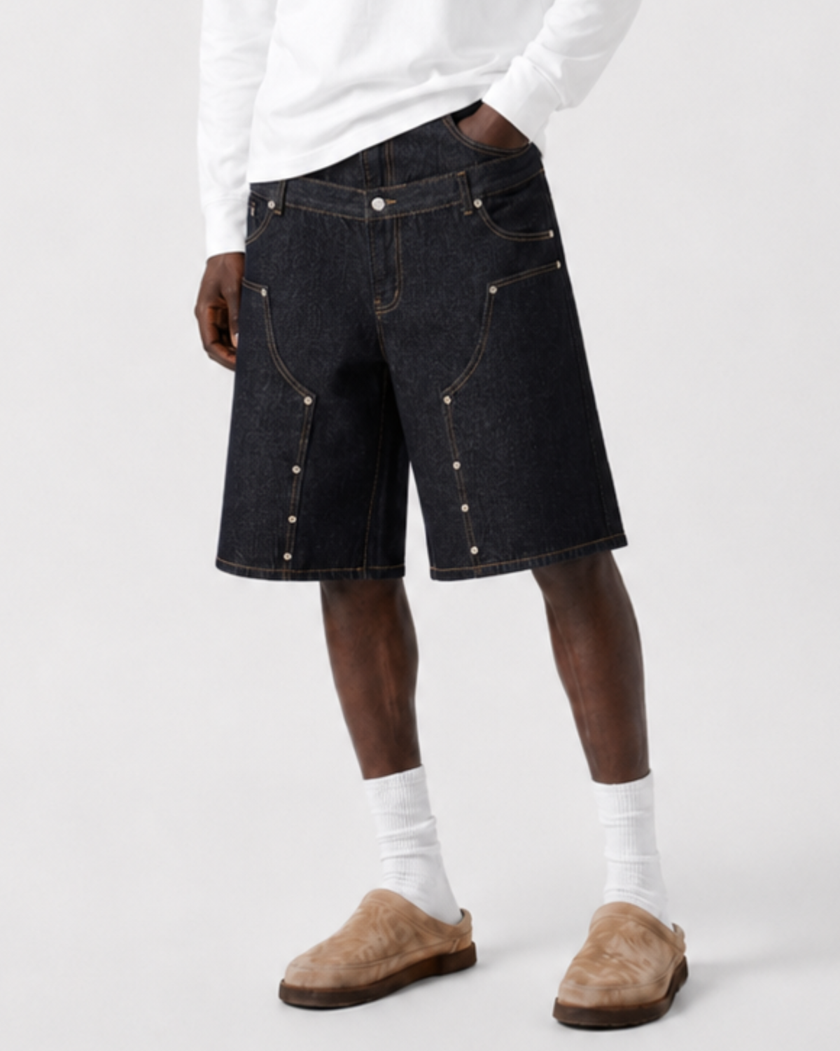 MAZARIN Double Waist Rivet Denim Shorts - Dark Blue
