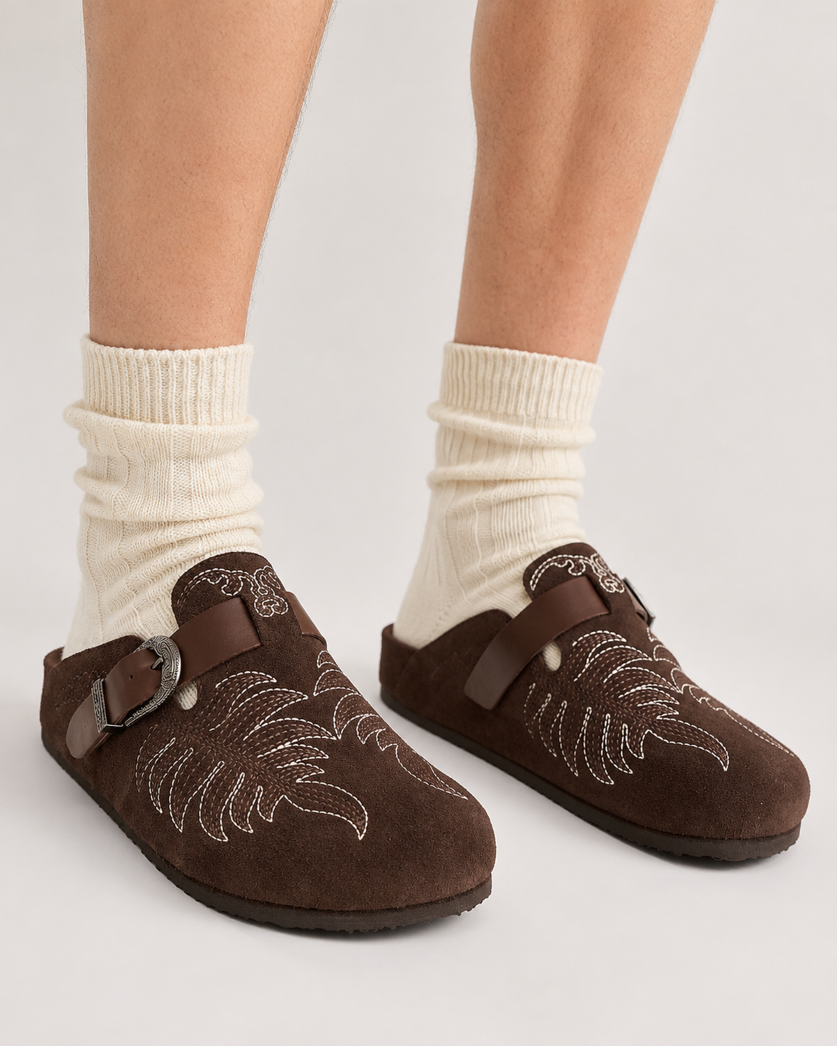 MAZARIN Western Buckle Suede Mule - Dark Brown