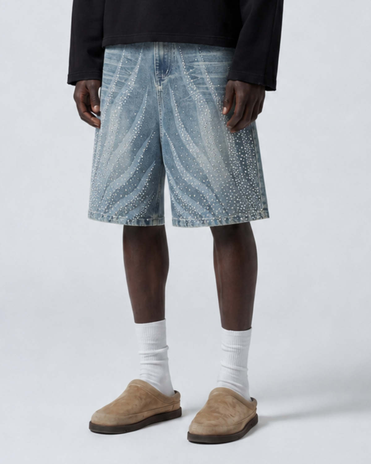 MAZARIN Crystal Wave Denim Shorts - Light Blue
