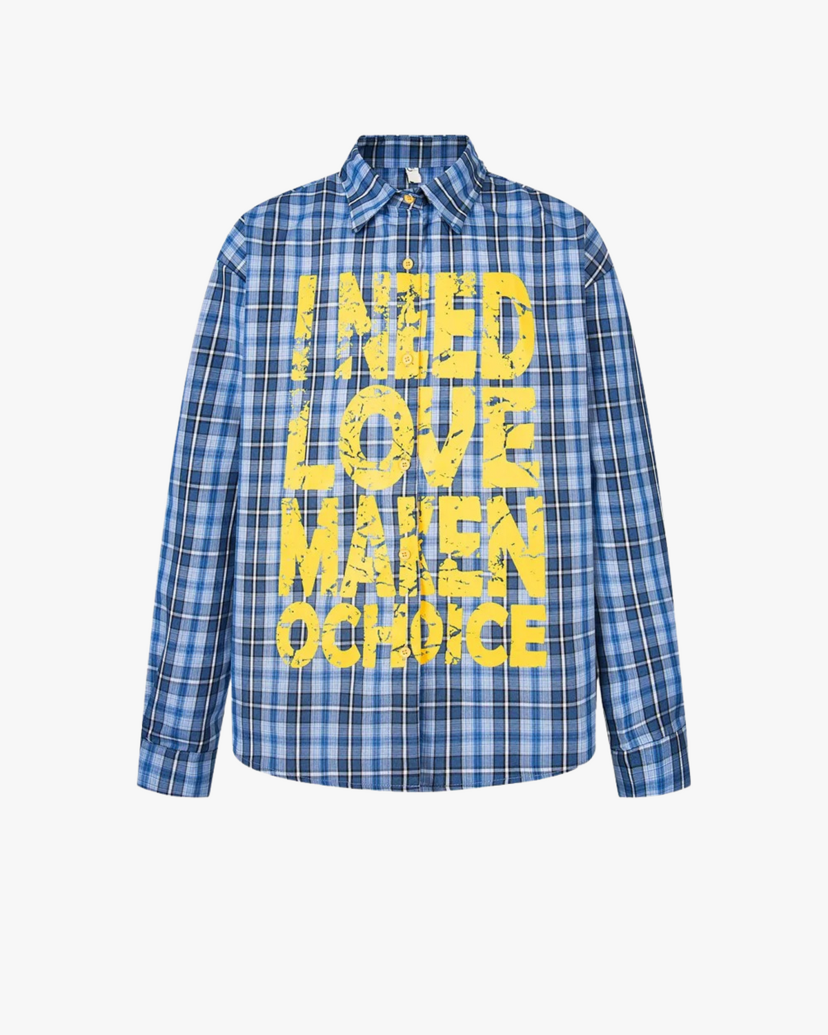 MAZARIN Plaid Shirt – “I NEED LOVE” Graphic Print